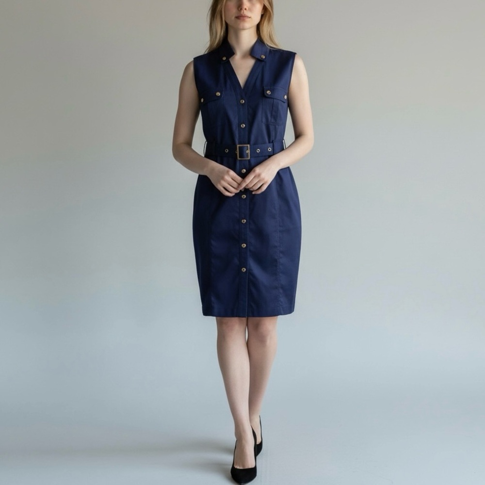 Calvin Klein Snap Front Belted Dress Size 10 Indigo Blue Cotton
